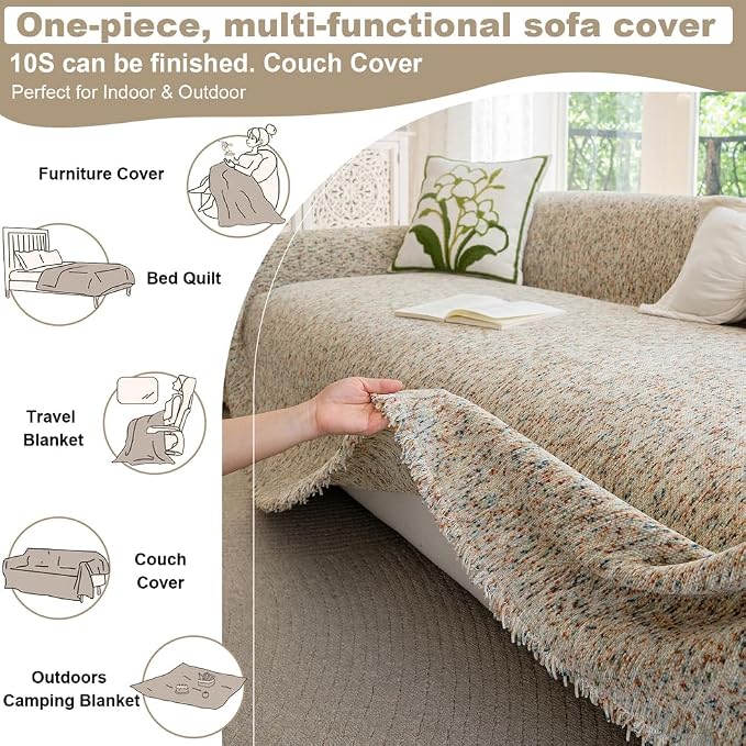 ROOMLIFE Boho Beige Couch Cover for Dogs, Washable Non Slip Furniture Protector Couch Sofa Covers for 3 Cushion Couch, Soft Chenille Couch Cover Throw Blanket with Tassels 71''X150'' - Image 7