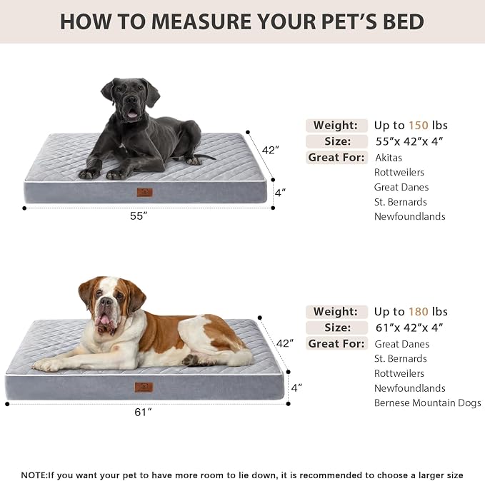 WNPETHOME Orthopedic XXL Dog Beds for Large Senior Dog Bed Comfy Sleeping | XXL Washable Waterproof Dogs Bed with Removable Cover, Multi-Needle Quilting Dogs Crate Bed for Relax , Light Grey 55x42 Inch - Image 6