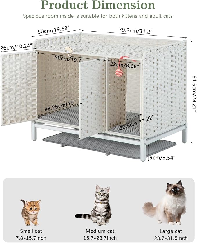SETVSON Cat Litter Box Enclosure Furniture with Divider, Hidden House White | Handwoven PE Rattan with Washable Mat, 3.54-In Heightened Metal Feet, 31.2 x 19.6 x 24.2 Inches Spacious Cabinet - Image 4