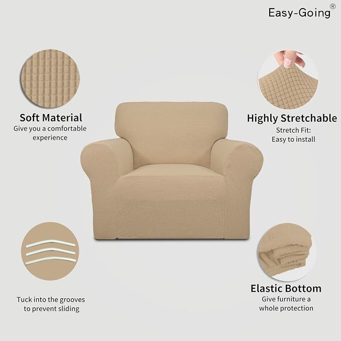 Easy-Going Stretch Chair Slipcover with Arm Washable Sand | 1-Piece Couch Sofa Cover Furniture Protector for Living Room Soft with Bottom For Kids, Pet. Spandex Jacquard - Image 4