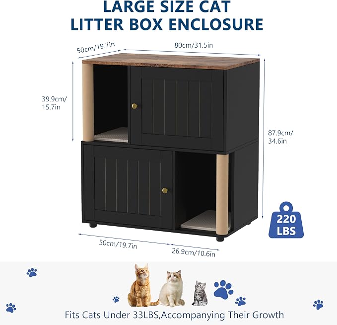 Garvee Cat Litter Box Enclosure for 2 Cats, Double Hidden Litter Box Furniture Cabinet with 2 Scratch Mat and Scratch Post, Modern Farmhouse Wooden Enclosed Cat Washroom, End Side Table - Image 2