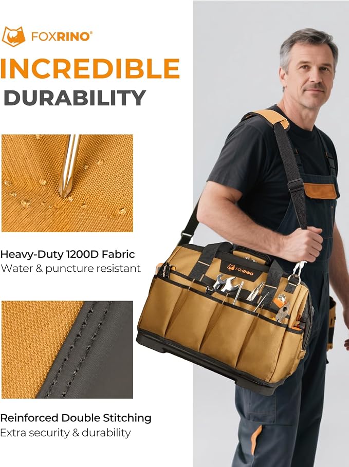 Foxrino Heavy Duty Tool Bag 16-Inch, 42-Pocket Portable Empty Tool Box Organizer Storage, Anti-Collapse Toolbox Organization, 1200D Oxford Soft Handle Carrying Toolbag, Gifts for Men Father Dad - Image 6