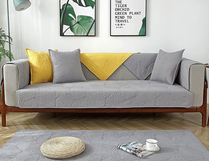Solid Color Leaf Cotton Quilted Sofa Covers for 3 Cushion Couch Anti-Slip Soft Couch Cover for Dogs Pets Kids Recliner Loveseat L Shaped (Light Grey,28''x47'') - Image 2