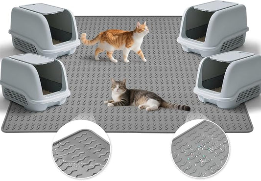 Cat Litter Mat, 47x35in Extra Large Litter Trapping Mat, Grey | XXL Cat Mat Fits 2-4 Litter Boxes, Silicone Litter Trapping Mat, Waterproof Raised Edges, Non-Slip Bottom, Easy Clean by Colewin