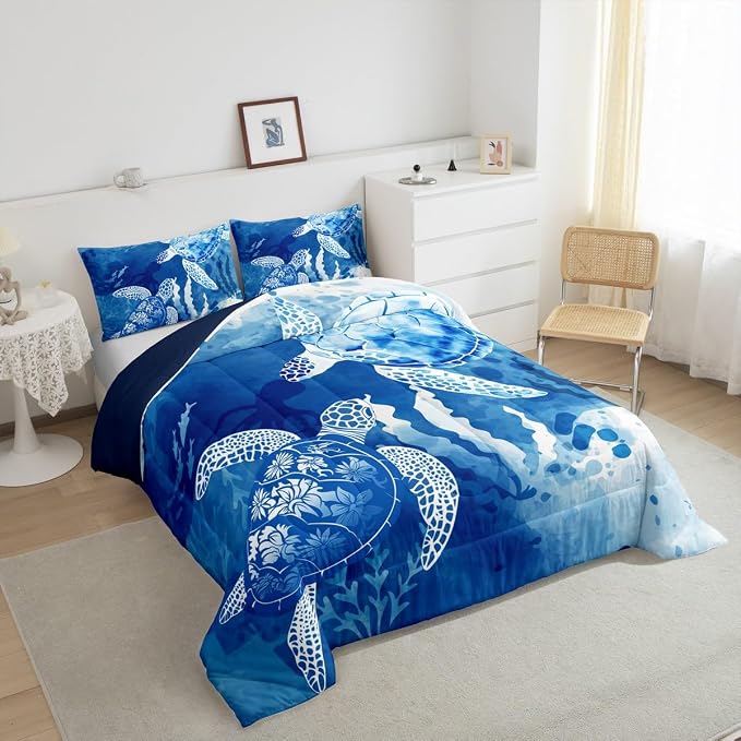Homewish Sea Turtle Comforter Set Queen, Octopus Seaweed Silhouette Bedding for Room Decor, Navy Blue Tie Dye Quilt Undersea Animals Plants Duvet Insert 3pcs with 2 Pillowcases - Image 3