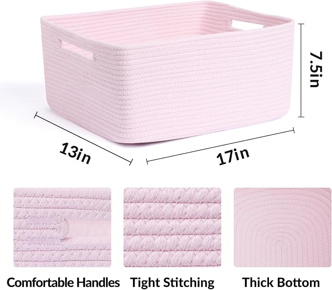 MiniArk Large Storage Baskets for Shelves, 17 x 13 x 7.5” Closet Organizers Bins for Clothes Blanket Towels, Baby Nursery, Toy Baskets Box, Woven Rope Baskets, 2 Packs Light Pink - Image 2