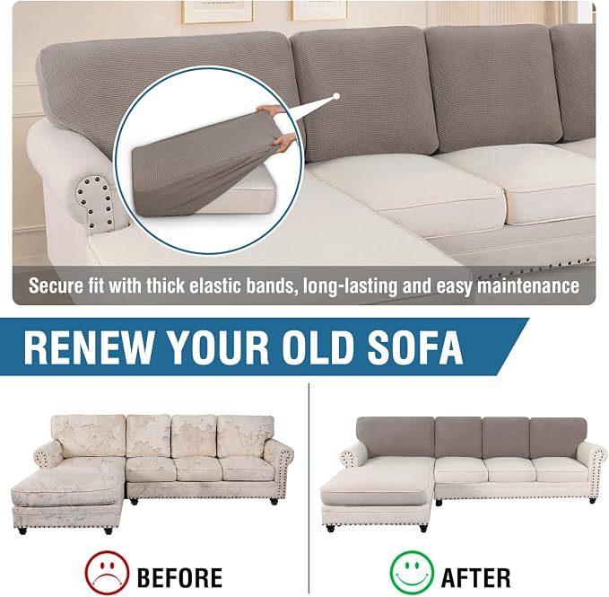 H.VERSAILTEX Backrest Cushion Covers Sectional Couch Back Cushion Covers for Sectional Sofa Set for Both Left/Right Couch (Back Only: 1 Chaise + 3 Sofa, Taupe) - Image 5