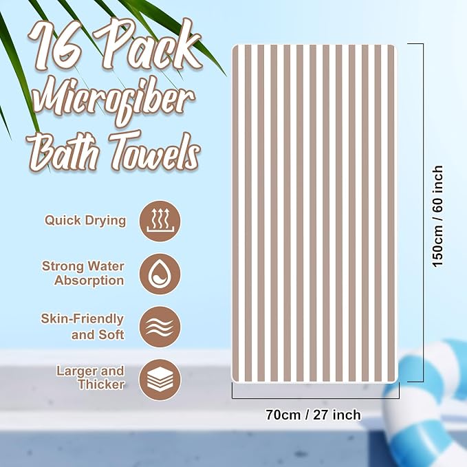 SmoothNovelty 16 Pack Microfiber Bath Towels Bulk 27'' x 60'' Oversized Size Bath Towel Highly Absorbent Extra Large Soft Drying for Beach Shower Summer Salon Sport Gym Party (Stripes,Brown) - Image 2