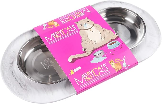 Messy Cats Double Silicone Feeder, Stainless Bowls, 1.75 Cup, Marble | Non-Slip Silicone Double Cat Feeder With Two Removable Stainless Steel Saucer Bowls For Food And Water - Image 4