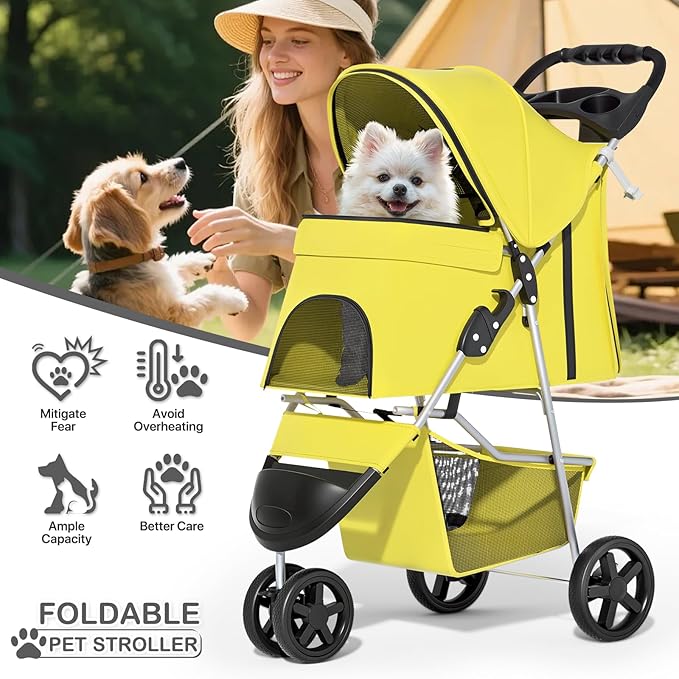 MoNiBloom Foldable Pet Stroller with Waterproof Cover, 3-Wheels Dog Strolling Cart for Small/Medium Dogs and Cats with Storage Basket and Cup Holder, Breathable and Visible Mesh for All-Season, Yellow