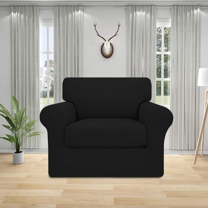 Easy-Going 2 Pieces Stretch Couch Cover Sofa Cover for Dogs Washable Sofa Slipcover for Separate Cushion Couch Spandex Jacquard Fabric Elastic Furniture Protector for Pets, Kids (Black, Chair) - Image 2