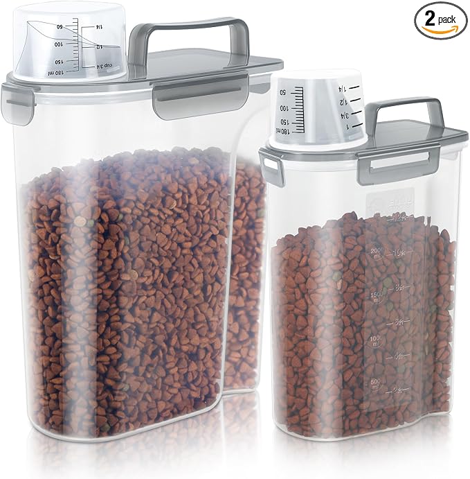 LEAWALK (3+5LBS 2Pack Cat Dog Food Storage Container Upgraded Large Nozzle BPA-free, Plastic Pet Food Containers, With 4 Sealed Clasps/1 Measuring Cup/Handle Easy Clean and Carry (Clear Grey) by LEAWALK