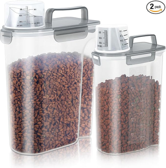 LEAWALK (3+5LBS 2Pack Cat Dog Food Storage Container Upgraded Large Nozzle BPA-free, Plastic Pet Food Containers, With 4 Sealed Clasps/1 Measuring Cup/Handle Easy Clean and Carry (Clear Grey) by LEAWALK