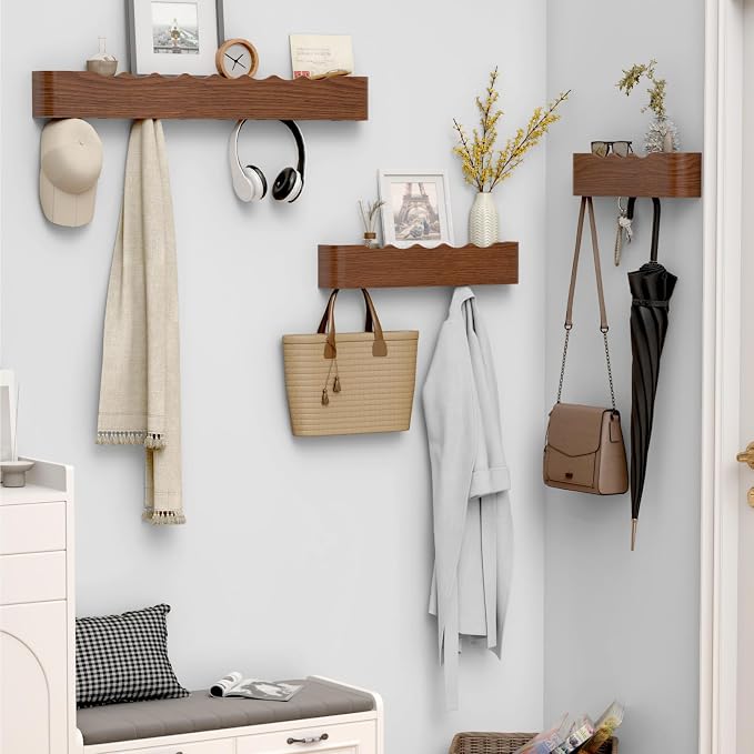 Coat Rack Wall Mount with Hidden Hooks, Wall Hooks with Shelf, Wall Key Holder Mount Wooden Shelf Entryway Hooks for Bedroom Bathroom for Hanging Coats Hats Bags Towels (Walnut Wave-Shape, 8 Hooks) - Image 5