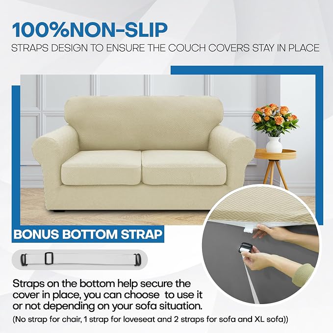 XINEAGE New 4 Pieces Extra Large Couch Covers for 3 Cushion Sofa Super Stretch Sofa Cover for 3 Large Seat Cushion Universal Slip Cover for Living Room (Light Beige), 91"-110"(3 Cushions) - Image 7