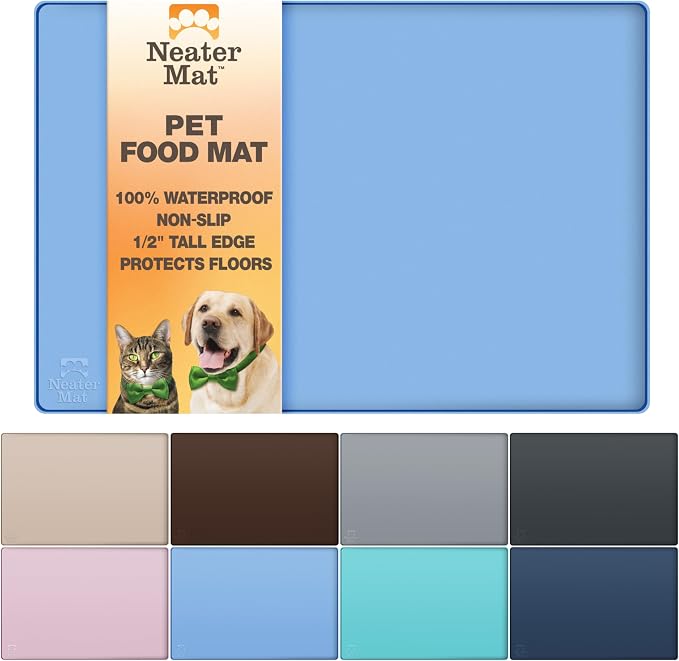 Neater Pet Brands Neater Mat Pet Mats for Food and Water, Cat & Dog Bowl Mat Waterproof Silicone, Feeding Tray, Dog Food Mats for Floors, Placemat w/Raised Edge for Under Bowls, 32" x 24", Light Blue by NeaterPetBrands