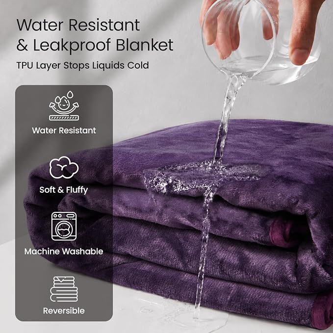 LOOBANI Waterproof Blanket for Twin Size Bed, Reversible Leakproof, 60"x80" | Waterproof Dog Blanket for Pet Accidents, Soft Flannel & Coral Fleece, Stain-Resistant Furniture Protector, Deep Purple - Image 2