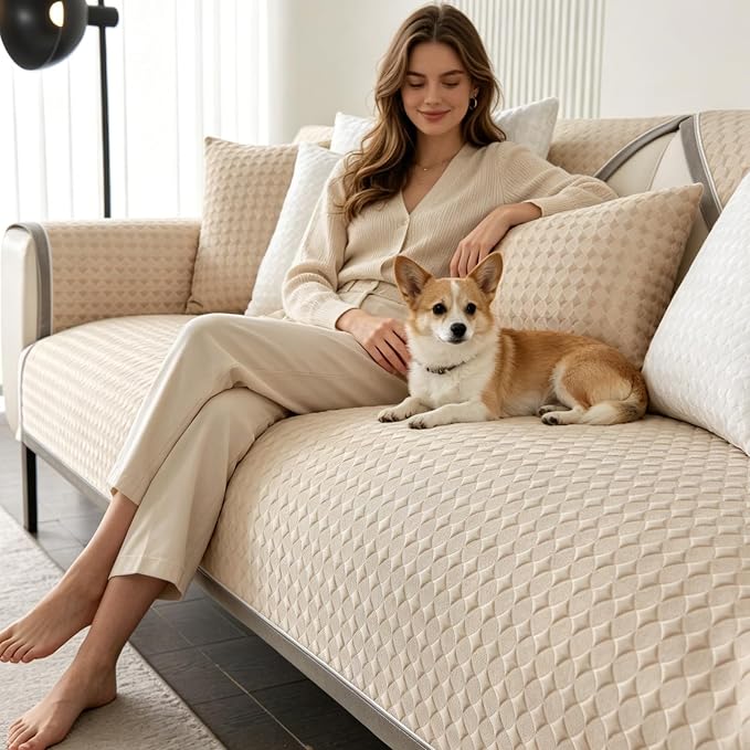 OTOB Cooling Couch Covers for Sofa Washable Non Slip Pet Friendly, 1 Piece | Serene Khaki, 35.4"x82.7", Premium Ice Silk Fabric, Modern Geometric, Soft, 3D Bionic Breathable, Sectional Sofa Protector by OTOB