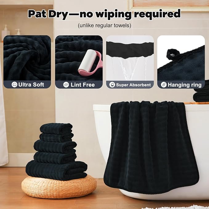 COZYART Lint Free 8 Pcs Bathroom Towels Set Ultra Soft Microfiber Black | Fluffy, Thick, Highly Absorbent, Fast Dry, No Shedding, No Pilling, Fade Resistant, Durable, Long-lasting - Image 4