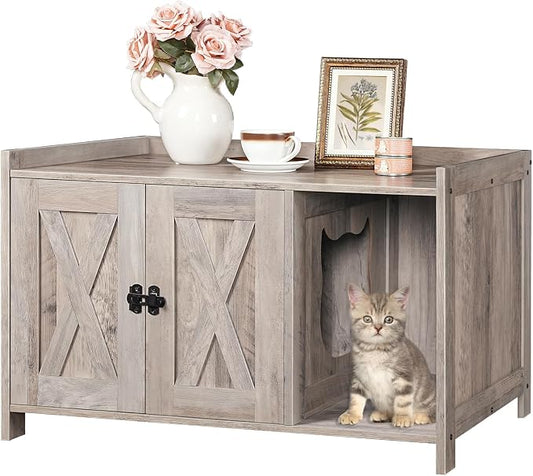 MAHANCRIS Cat Litter Box Enclosure, Hidden Litter Box Furniture with Divider, Indoor Cat House, Wooden Cat Washroom Storage Cabinet Bench, Side End Table Nightstand, Greige CWHG2501Z by MAHANCRIS