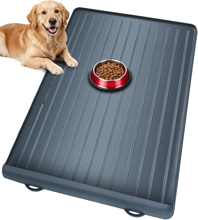 Dog mat for Food and Water - 39.4" x 27" Thickened Large Dog Food Mat | Waterproof Pet Bowl Mat with Residue Collection Pocket and High Edges to Prevent Water and Food Spills - Dark Grey by Yessotech