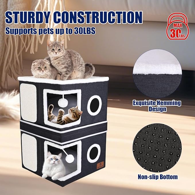 2-Story Cat House for Indoor Cats, Dual-Purpose Cat Cave Bed with Scratch Pad and Fluffy Ball, Foldable Cat Hideaway, Cute Cat Condo Furniture for Multi Small Pet Kitten, Dark Grey - Image 4