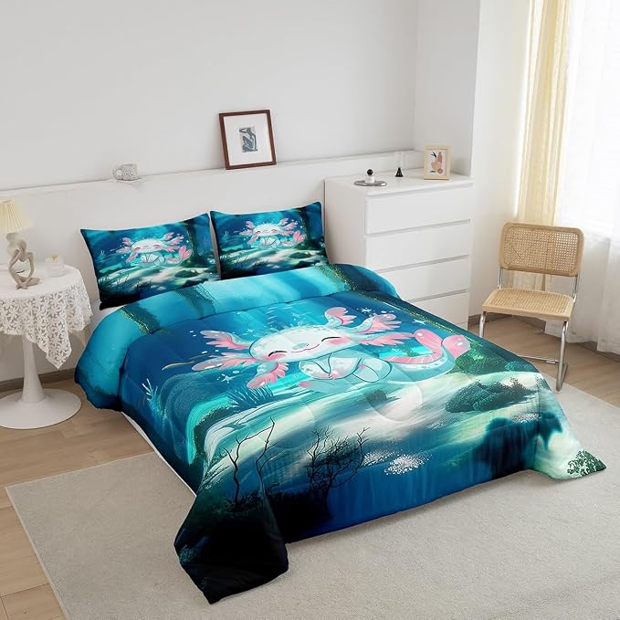 Manfei Cartoon Axolotl King Size Comforter Set 3 Pcs,Kawaii Ocean Animal Marine Life Down Alternative Bedroom Decor,Undersea Coral Plants Watercolor Teal Microfiber Inner Fill Bedding Set - Image 2