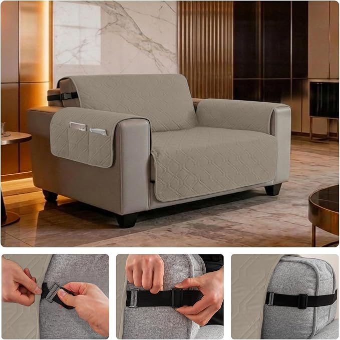 100% Waterproof Couch Cover,Straps&Pockets,pet Friendly,46" Camel | Washable sofa cover, pet-friendly, scratch-resistant furniture protector, quilted sofa cover, reversible, non-slip backing. - Image 5