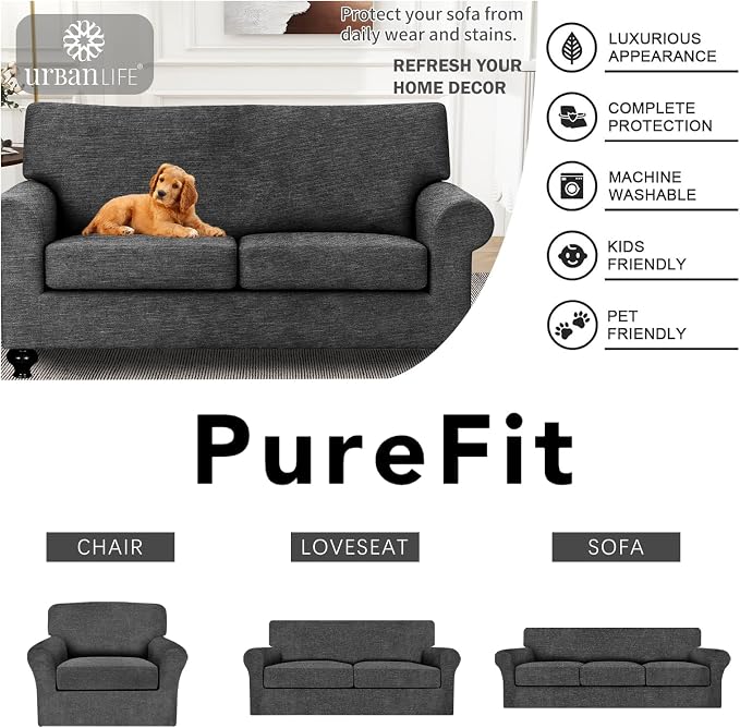 URBANLIFE 3-Piece Stretch Sofa Covers for 2 Cushion Couch, Charcoal Gray | Super fitted spandex slipcovers for couches. Non-slip elastic bottom. Machine washable furniture protector for kids & pets. - Image 6