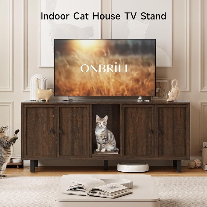 ONBRILL 59 Inches Cat Litter Box Enclosure for 2 Cats, Hidden Litter Boxes Furniture with Cat Scratch Pad, Large Indoor Pet House with Double Room, Wooden TV Stand Side Table, Brown - Image 5