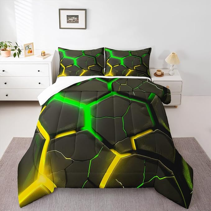Geometric Honeycomb Comforter Set Full Size,Abstract Hexagon Patchwork Fashion Bedding Set for Boys Girls Men Room Decor,Yellow Green Neon Modern Down Comforter,Unique Duvet Insert,2 Pillowcases - Image 5