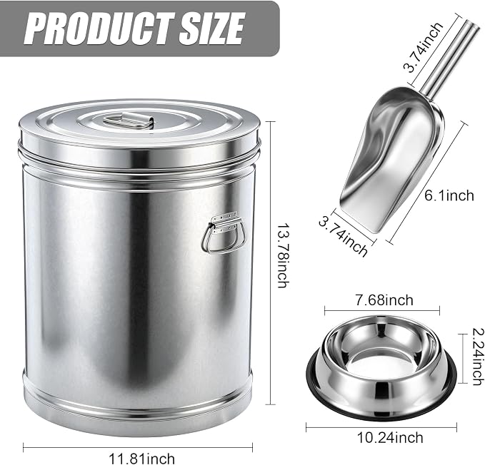 6.5 Gallon Metal Pet Food Storage Container Set with Stainless Steel Bucket, Scoop and Bowl, 30 Lbs Large Metal Dog Food Bin with Airtight Lid Suitable for Dog Cat Chicken Pet - Image 2