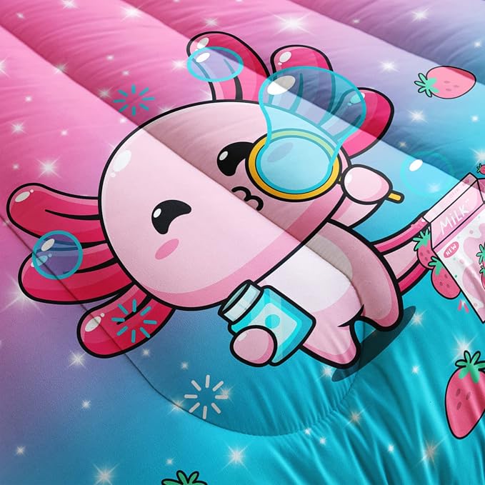 QOOMO Kawaii Axolotl Comforter,Pink Salamander Comforter Set for Kids Teens Girls,3Pcs Bedding Set Printed Comforter with 2 Pillowcases,Down Alternative,Soft and Lightweight(Pink，Twin Size) - Image 5
