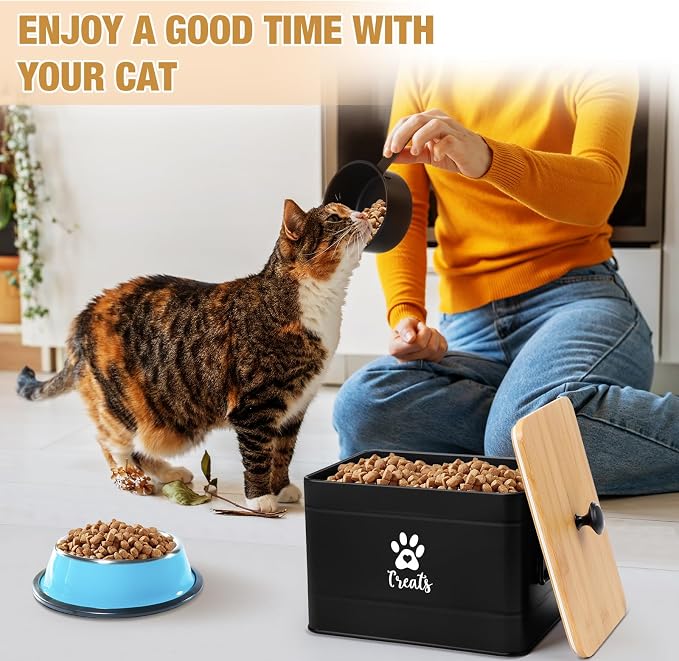 Reallnaive 2 Pcs Large Metal Cat Food Storage Containers 12+3.5 Lbs Decorative Pet Treat Snack Jars Airtight Bamboo Lids & Dry Food Scoop for Farmhouse Kitchen Counter Decor, Pet Owner Gifts(Black) - Image 4
