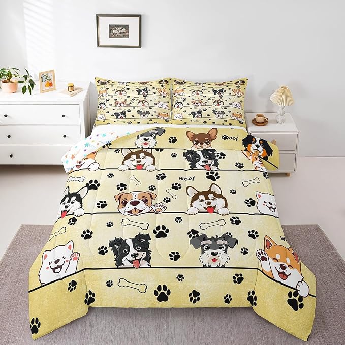 Manfei Kawaii Dog Puppy Comforter Set with 2 Pillowcases,Likable Paw Print Super Soft Microfiber Bedding Set for Adults Teens,Lovable Dog Pet Animals Duvet Set for Room Decor,King - Image 2