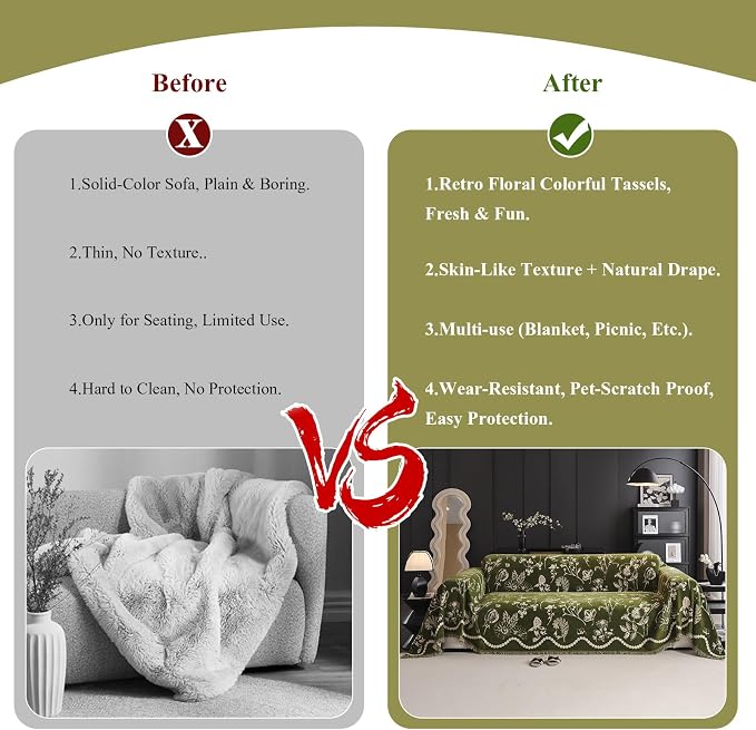STACYPIK Vintage Jacquard Floral Couch Cover for Dogs, Washable Green Garden Sofa Cover for 3 Cushion Couch, Anti Slip Sofa Covers for Sectional, Boho Chenille Pets Protector for Living Room-71X150IN - Image 3