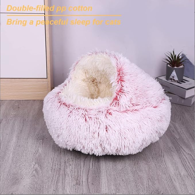 YUDANSI Cat Bed Hooded for Indoor Cats, Dog Bed with Large Covered Hood for Small Dogs Cats Puppy Kitty, Anti Anxiety Donut Cuddler, Anti Slip Plush Faux Fur Enclosed Pet Nest (Washable)(Pink-20inch) - Image 3
