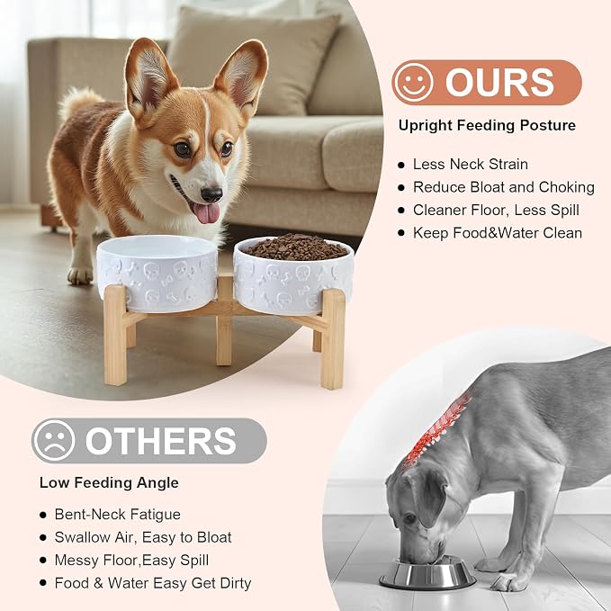 SPUNKYJUNKY Elevated Dog Bowls Ceramic, 6.1'' Dogs and Cat Food Water Bowls Raised with Non-Slip Bamboo Stand for Medium Sized Breed Microwave Dishwasher Safe - 28.7 OZ,Skull White - Image 3
