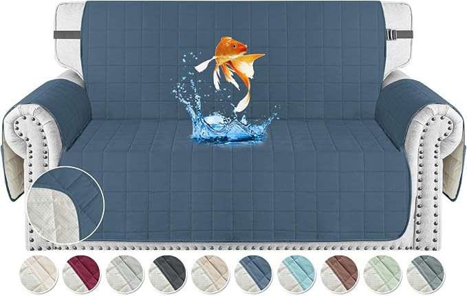 MAXIJIN Waterproof Love Seat Couch Covers 2 Cushion Sofa, 49" Quilted Loveseat Cover Slipcovers for Pets Dog Couch Cover Protector with Elastic Strap & Side Pocket (Loveseat, Berlin Blue) by MAXIJIN