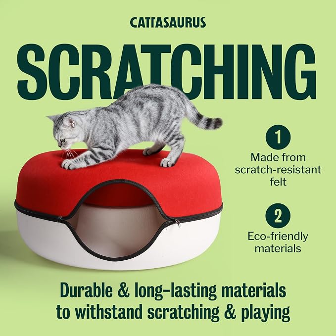 Cattasaurus Peekaboo Cat Cave Donut for Multiple & Large Cats up to 30-45 lbs, 3-in-1 Self Warming Cat Bed, Tunnel & Scratcher for Indoor Cats, Washable & Detachable Dog Bed (Ruby Snowball, Large) - Image 5