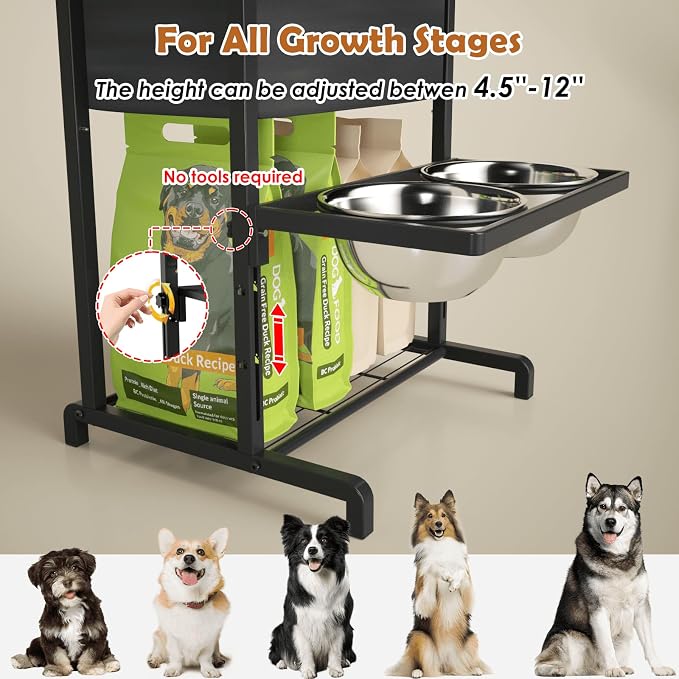 Elevated Dog Bowls: Height Adjustable Raised Dog Stand (4.5'' to 12'') 2 * 1700ml Stainless Steel Bowls + Slow Feeder, Feeding Station w/Storage Organizer & Toy Basket for Medium/Large Breeds - Image 3