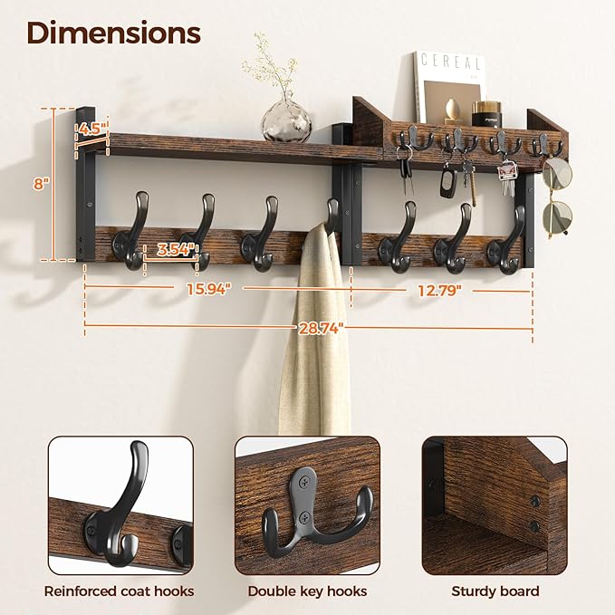 Evermagin 29" Coat Rack Wall Mount with Shelf for Entryway, Rustic Brown | Wall Mounted Coat and Key Rack with Hooks, Key Holder with Mail Organizer for Wall, Living Room, Mudroom, Bedroom - Image 3