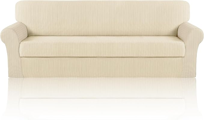Oversized Sofa Cover Stretching Skid Resistance Couch Cover for Pets Washable, Thick and Durable Soft High Spandex Striped Pattern Sofa Covers (Oversized Sofa, Ivory) by ChengEase
