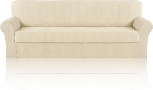 Oversized Sofa Cover Stretching Skid Resistance Couch Cover for Pets Washable, Thick and Durable Soft High Spandex Striped Pattern Sofa Covers (Oversized Sofa, Ivory) by ChengEase