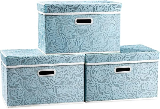 PRANDOM Collapsible Storage Cubes with Lids Fabric Decorative Storage Bins Boxes Organizer Containers Baskets with Cover Handles for Bedroom Closet Living Room 14.9x9.8x9.8 Inch 3 Pack by Prandom