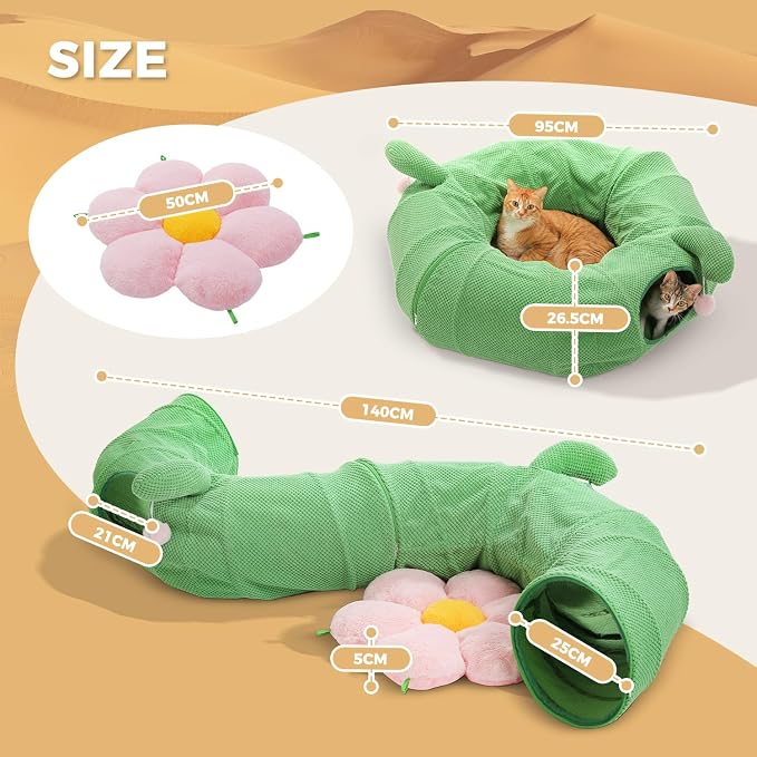 PEQULTI Cat Tunnel with Bed for Indoor Cats, Cat Play Donut Tunnel with Washable Soft Plush Flower Mat, Round Tube Toys Cute Tube for Kittens, Puppies, Rabbits and Ferrets, Green&Pink - Image 2