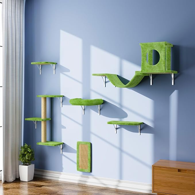 NUNU LAB Wall Mounted Cat Furniture Set - 6 Pcs Climber Set with House, Bridge, Steps, Scratcher Board - DIY Walls Playground, Indoor Cat Shelves - Green by NUNULAB