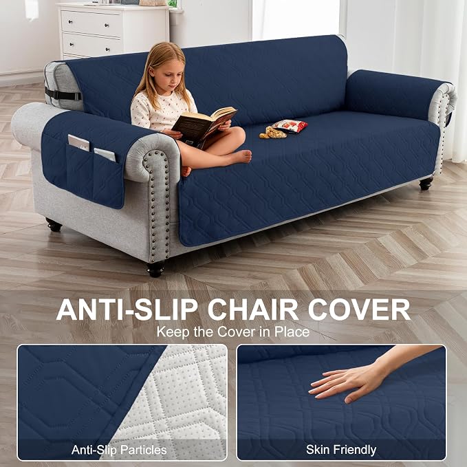 100% Waterproof Quilted Couch Cover,Straps&Pockets,78" Navyblue | Washable sofa cover, pet-friendly, scratch-resistant furniture protector, quilted sofa cover, reversible, non-slip backing. - Image 4