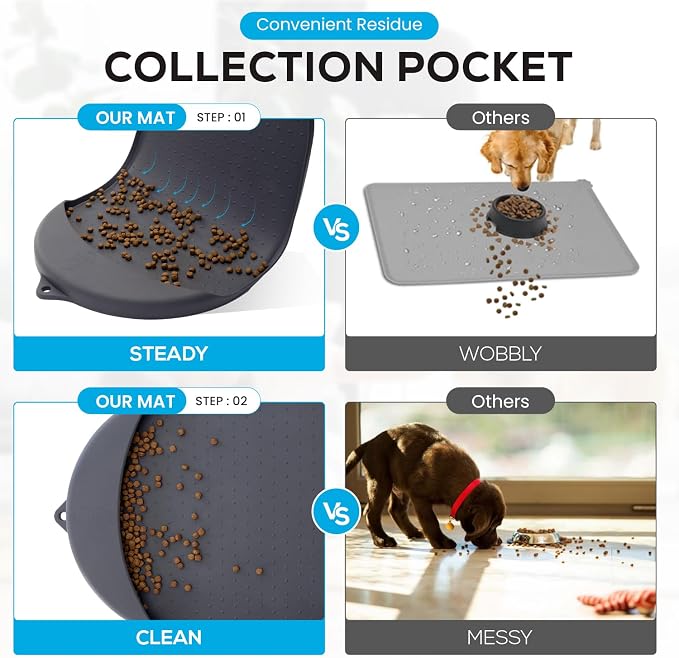 Dog Food Mat - 29” x 16.6” Pet Feeding Mat with Residue Collection Pocket - Large Silicone Dog Mat for Food and Water - Waterproof Dog and Cat Bowl Mat, High Edges to Prevent Spills, Gray - Image 3