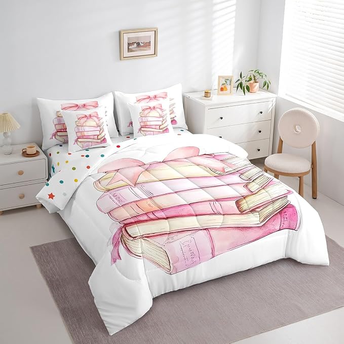 Erosebridal 7 Piece Pink Bow Book Kids Comforter Set King Bed in a Bag,Dreamy Princess Style Kids Girls Bedding Set for Teens,Romantic Valentine Bowknot Sheet Set,Watercolor Bow Tie Duvet Insert - Image 3